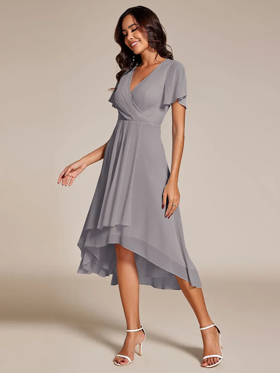 Robe Dinvite De Mariage En Mousseline De Soie Mi-Longue Plissee a Manches a Volants Et Col En V