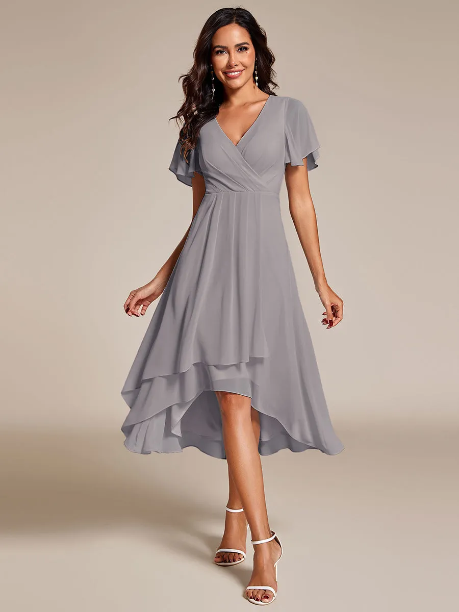 Robe Dinvite De Mariage En Mousseline De Soie Mi-Longue Plissee a Manches a Volants Et Col En V