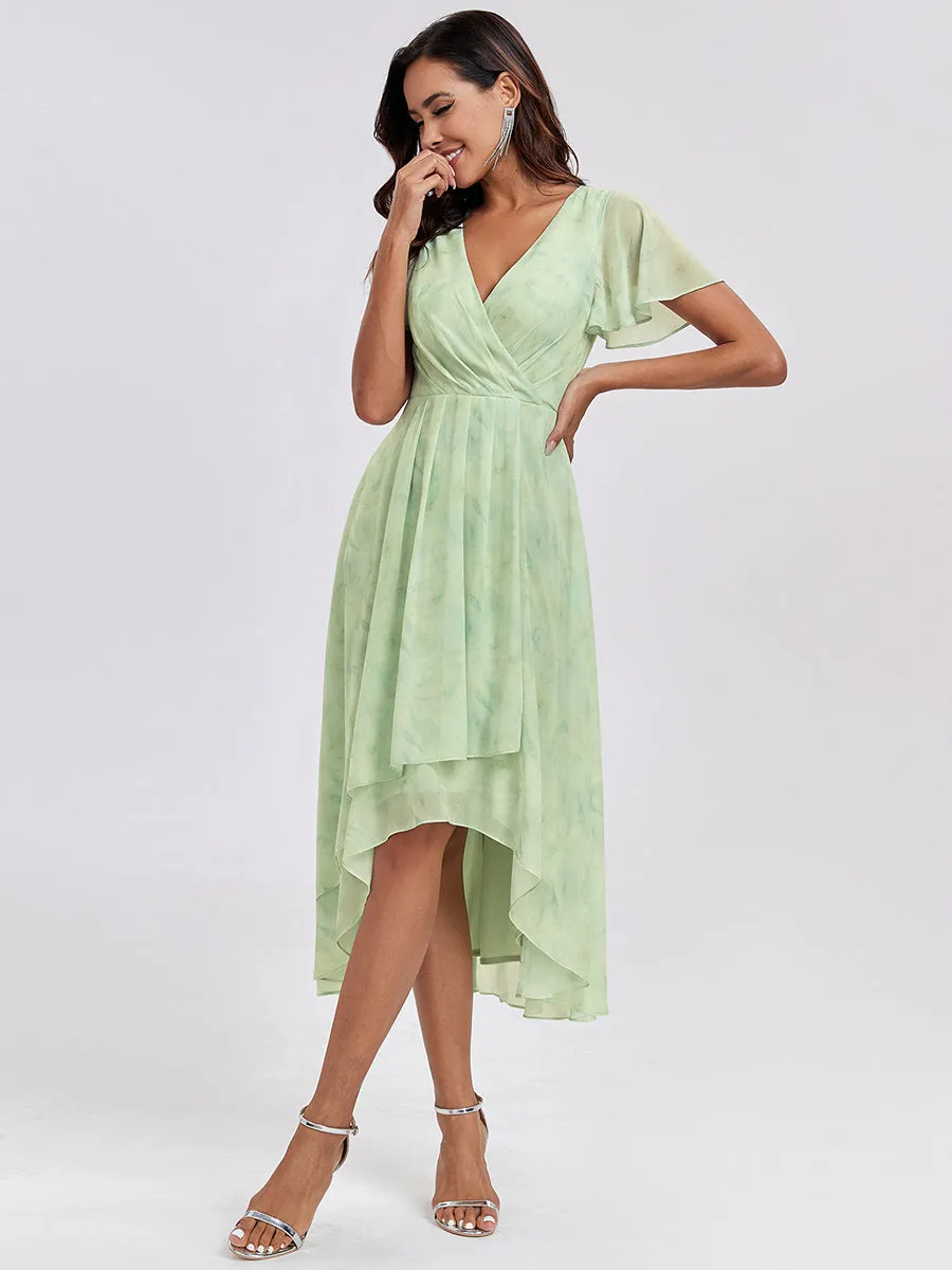 Robe Dinvite De Mariage En Mousseline De Soie Mi-Longue Plissee a Manches a Volants Et Col En V