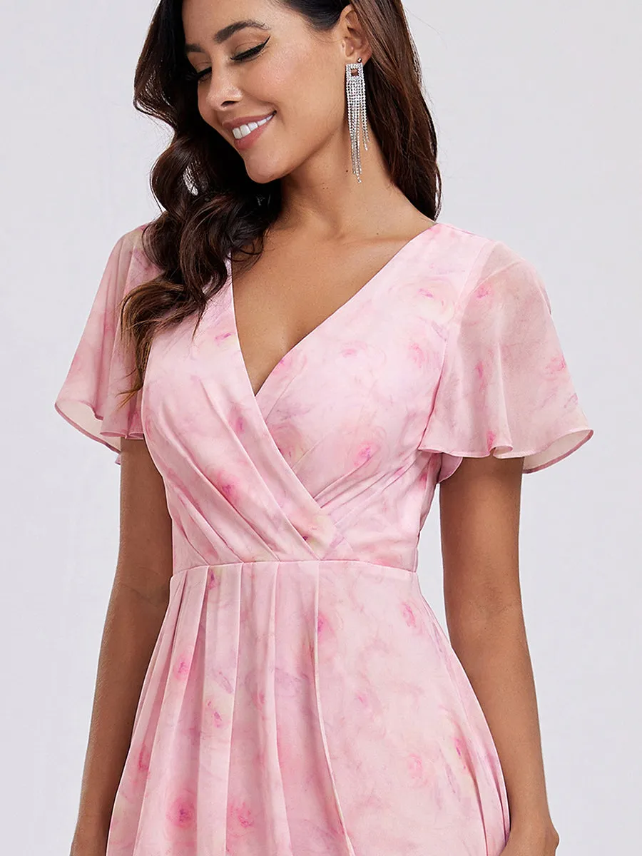 Robe Dinvite De Mariage En Mousseline De Soie Mi-Longue Plissee a Manches a Volants Et Col En V