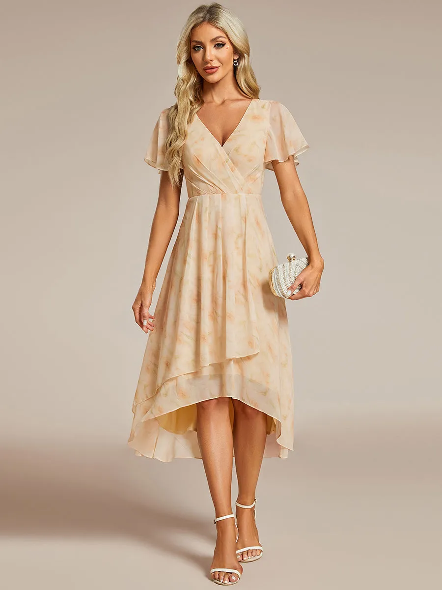 Robe Dinvite De Mariage En Mousseline De Soie Mi-Longue Plissee a Manches a Volants Et Col En V