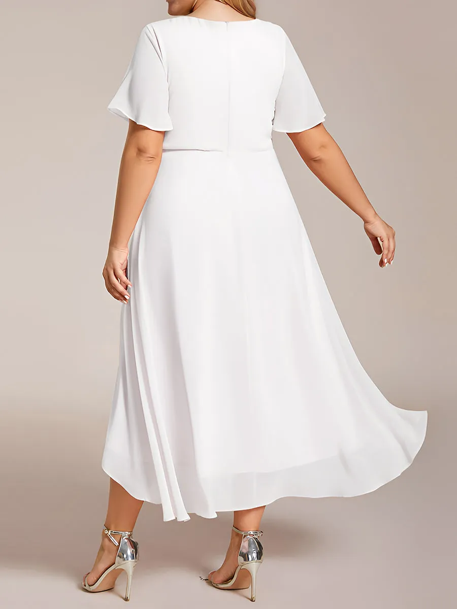 Robe Dinvite De Mariage En Mousseline De Soie Mi-Longue Plissee a Manches a Volants Et Col En V