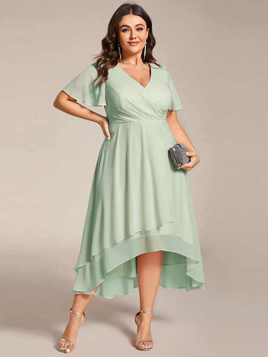 Robe Dinvite De Mariage En Mousseline De Soie Mi-Longue Plissee a Manches a Volants Et Col En V