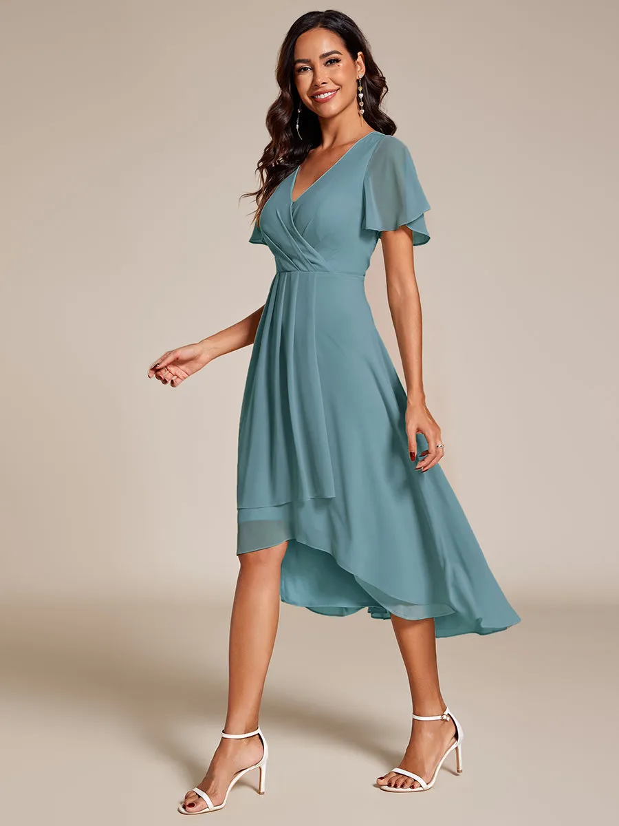 Robe Dinvite De Mariage En Mousseline De Soie Mi-Longue Plissee a Manches a Volants Et Col En V