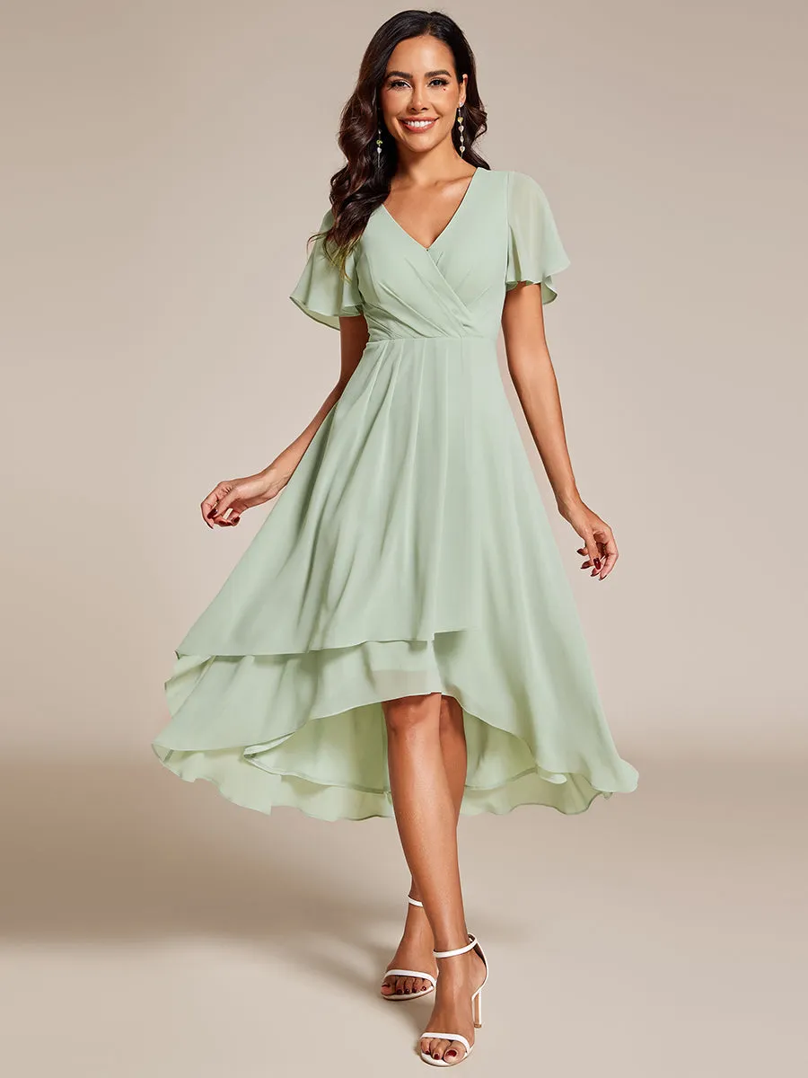 Robe Dinvite De Mariage En Mousseline De Soie Mi-Longue Plissee a Manches a Volants Et Col En V