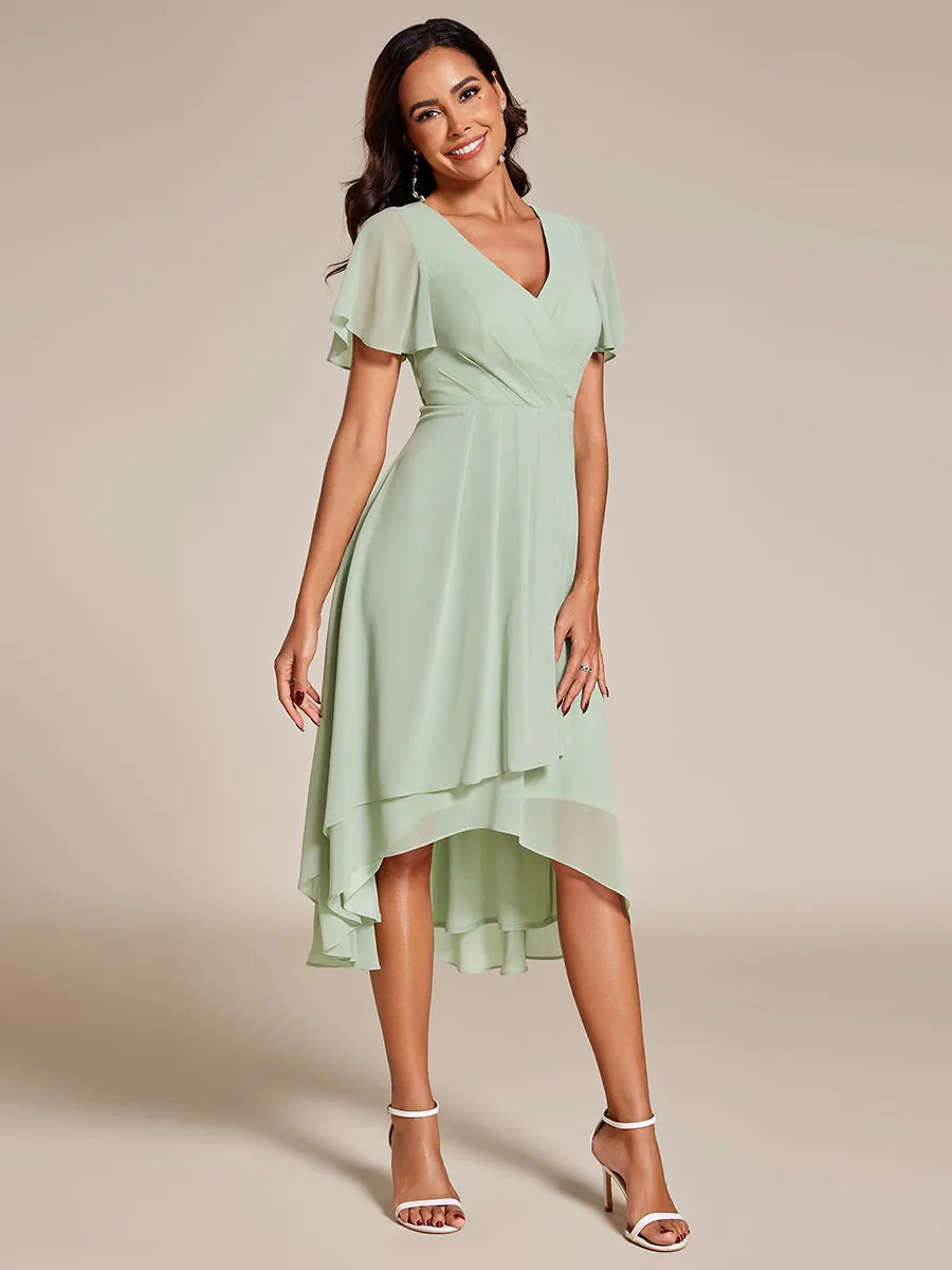 Robe Dinvite De Mariage En Mousseline De Soie Mi-Longue Plissee a Manches a Volants Et Col En V