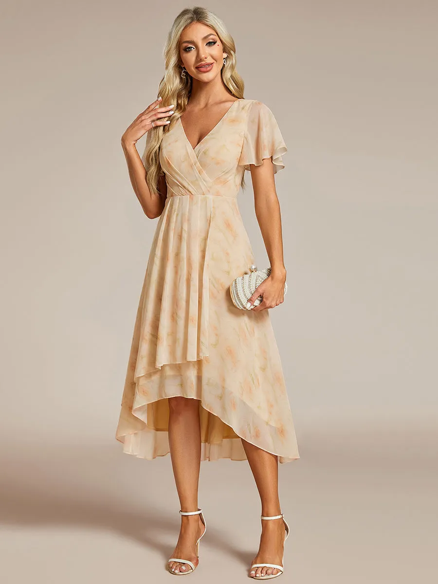 Robe Dinvite De Mariage En Mousseline De Soie Mi-Longue Plissee a Manches a Volants Et Col En V