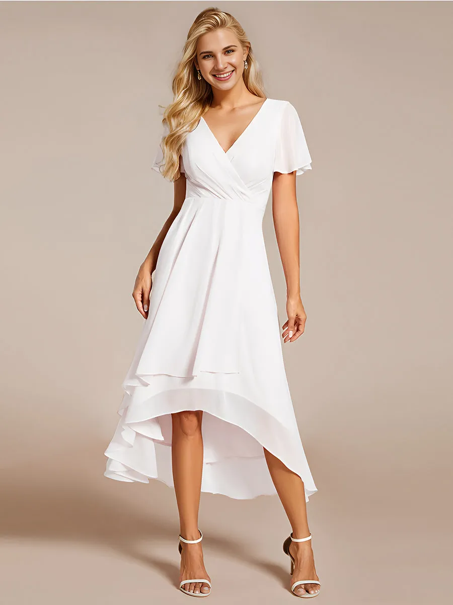 Robe Dinvite De Mariage En Mousseline De Soie Mi-Longue Plissee a Manches a Volants Et Col En V