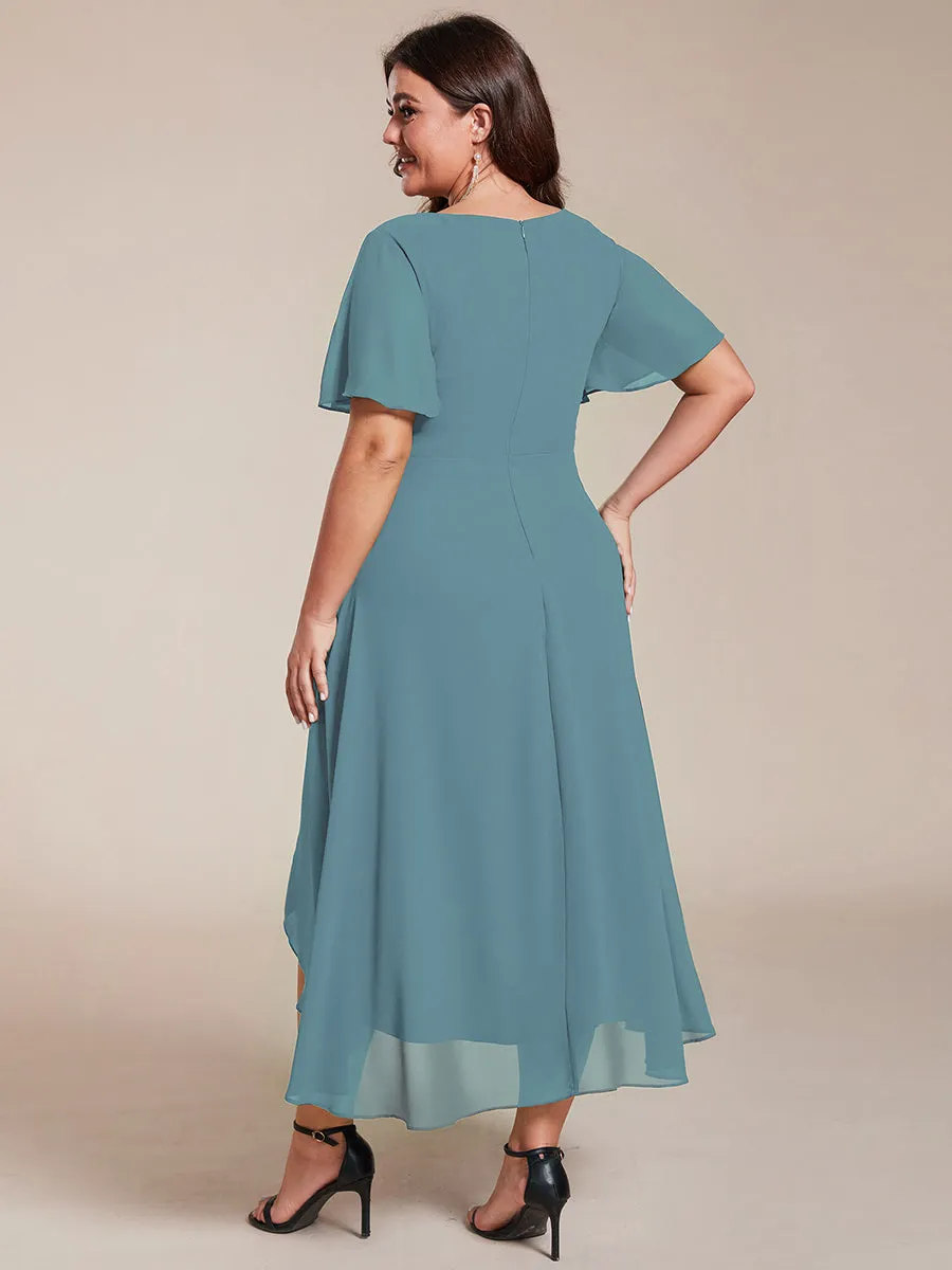 Robe Dinvite De Mariage En Mousseline De Soie Mi-Longue Plissee a Manches a Volants Et Col En V