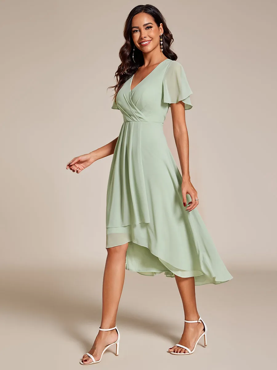 Robe Dinvite De Mariage En Mousseline De Soie Mi-Longue Plissee a Manches a Volants Et Col En V