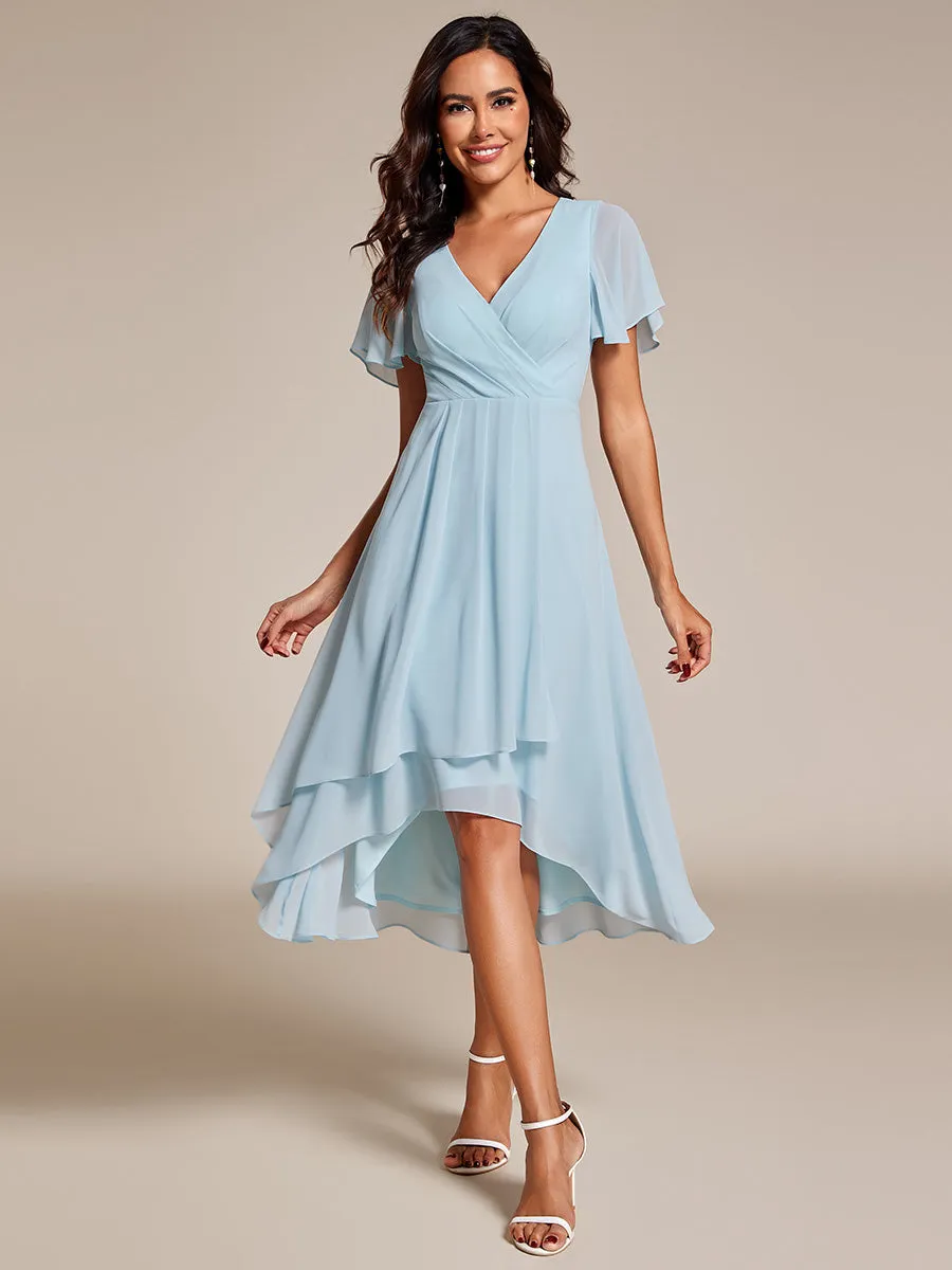 Robe Dinvite De Mariage En Mousseline De Soie Mi-Longue Plissee a Manches a Volants Et Col En V