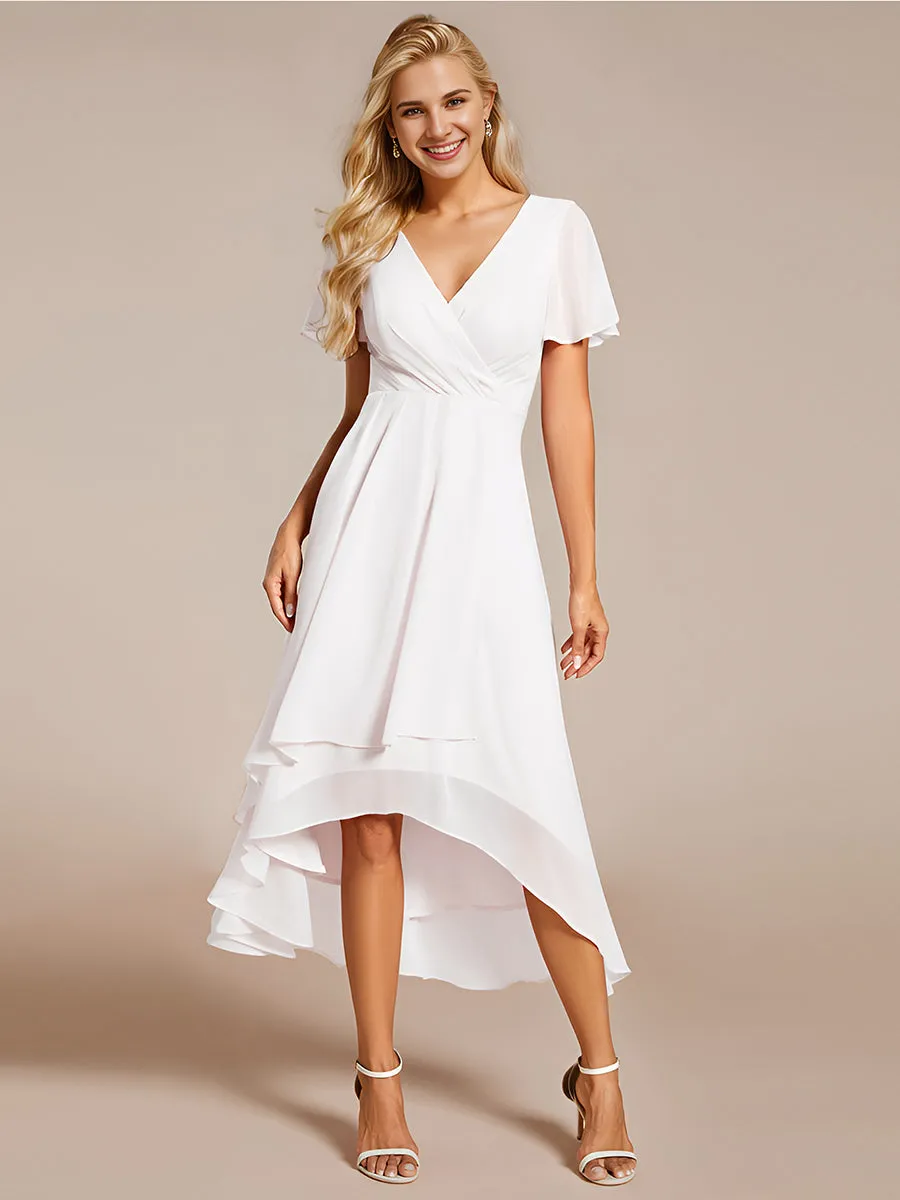 Robe Dinvite De Mariage En Mousseline De Soie Mi-Longue Plissee a Manches a Volants Et Col En V