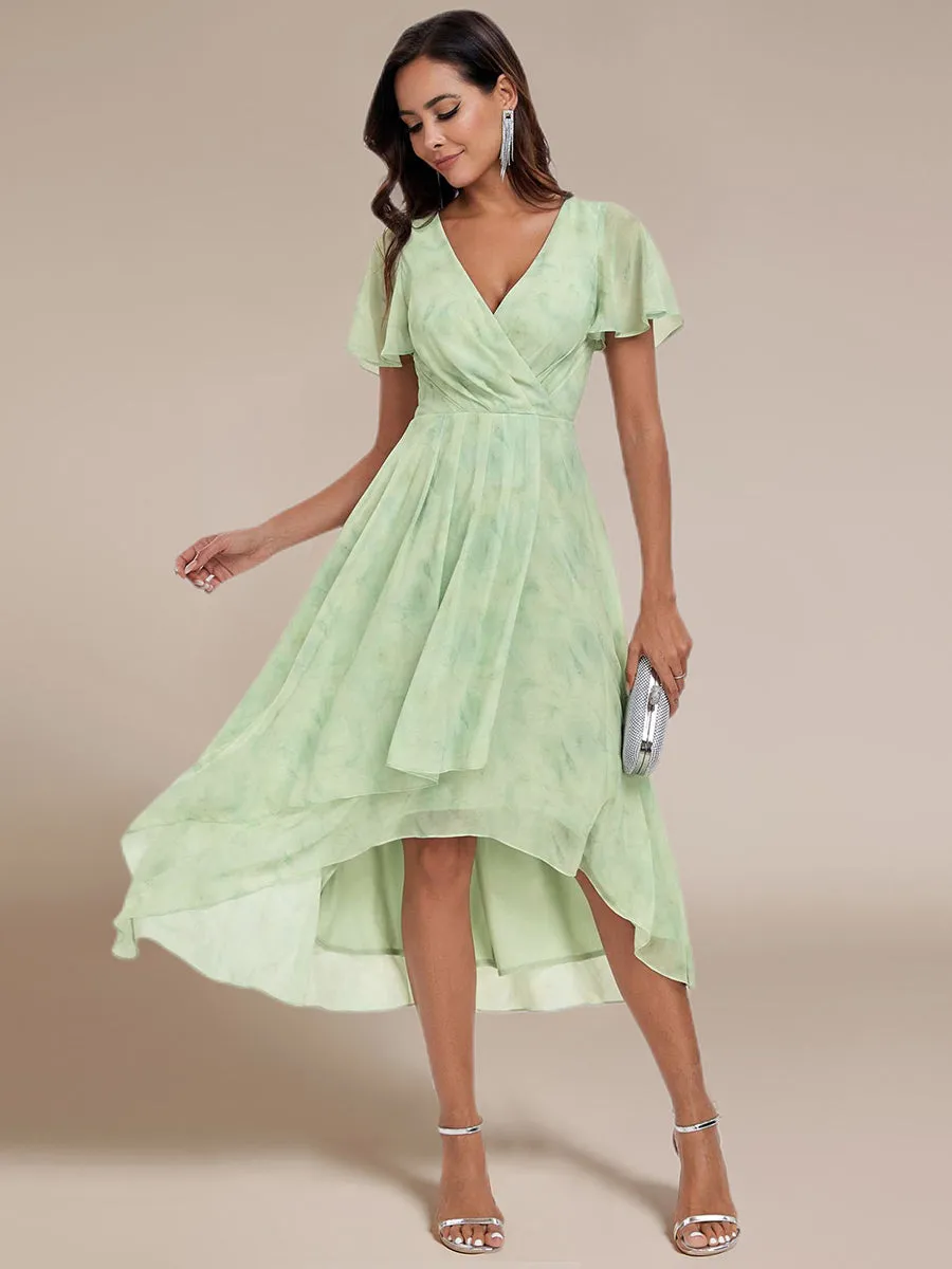 Robe Dinvite De Mariage En Mousseline De Soie Mi-Longue Plissee a Manches a Volants Et Col En V