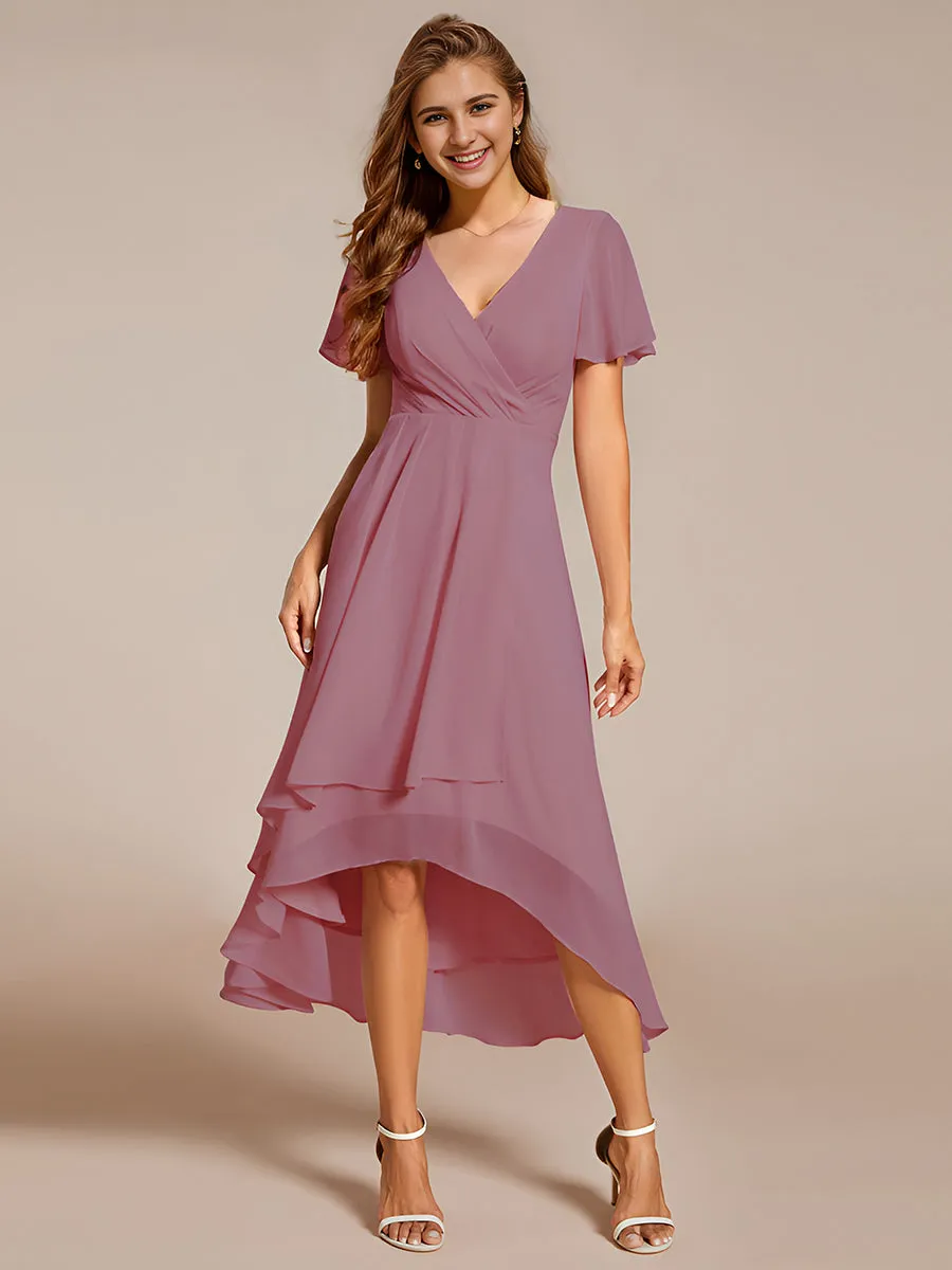 Robe Dinvite De Mariage En Mousseline De Soie Mi-Longue Plissee a Manches a Volants Et Col En V