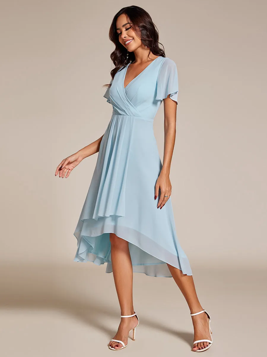 Robe Dinvite De Mariage En Mousseline De Soie Mi-Longue Plissee a Manches a Volants Et Col En V