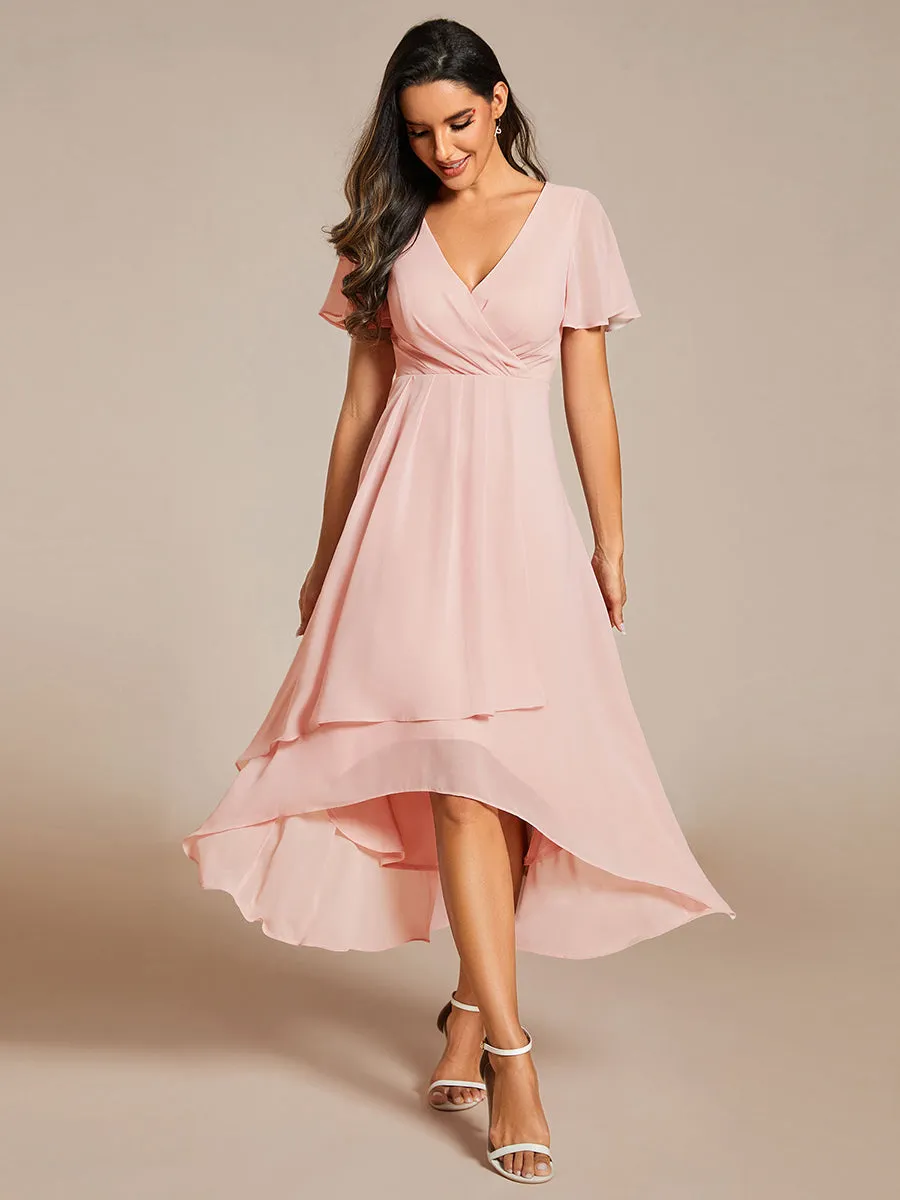 Robe Dinvite De Mariage En Mousseline De Soie Mi-Longue Plissee a Manches a Volants Et Col En V