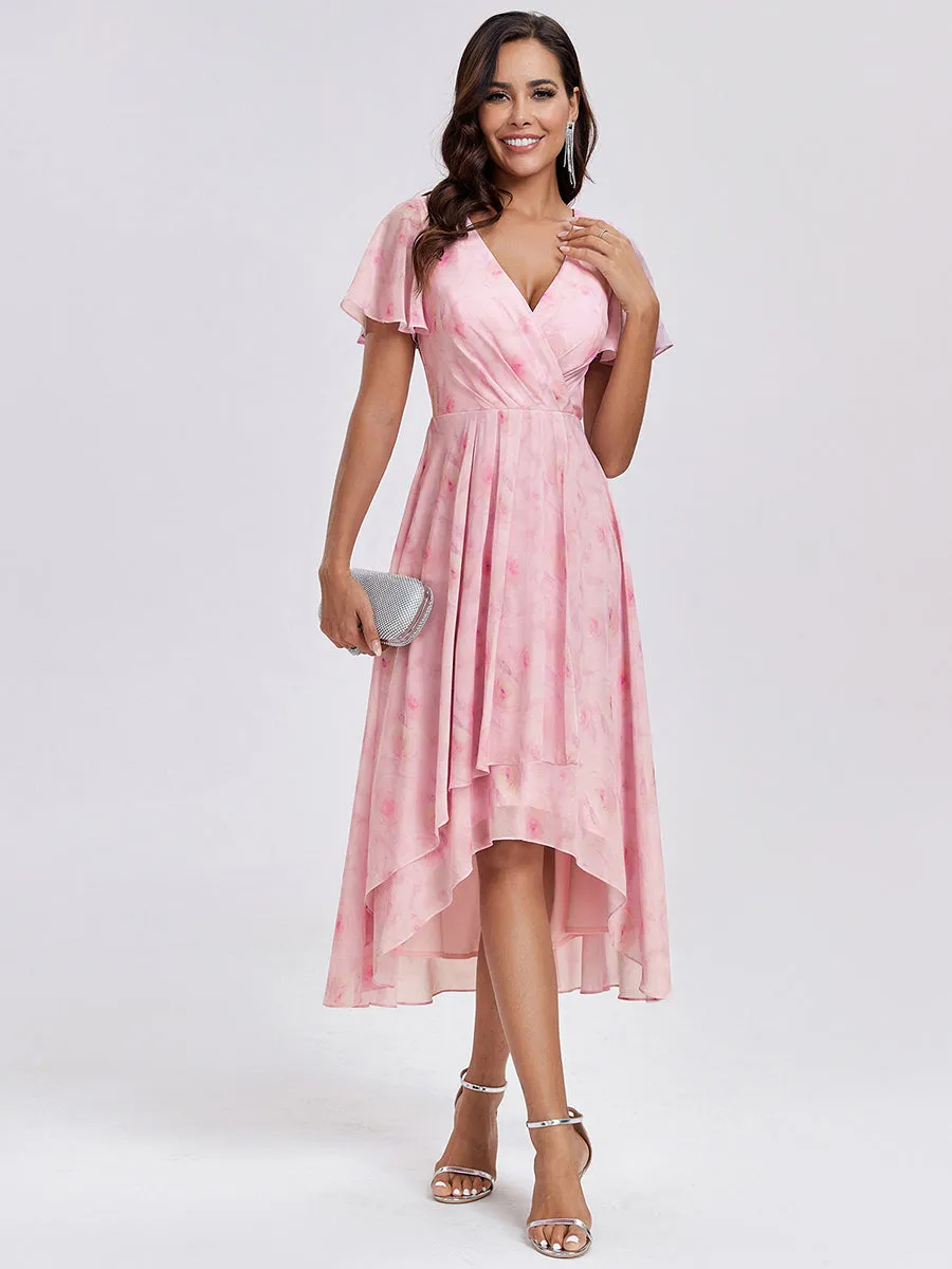 Robe Dinvite De Mariage En Mousseline De Soie Mi-Longue Plissee a Manches a Volants Et Col En V