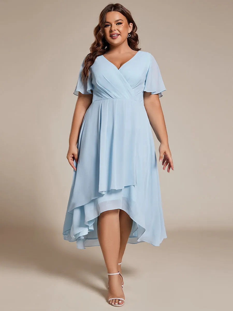 Robe Dinvite De Mariage En Mousseline De Soie Mi-Longue Plissee a Manches a Volants Et Col En V