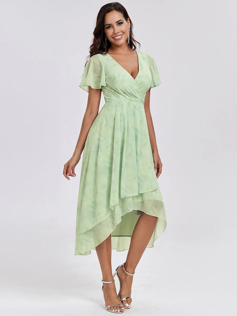 Robe Dinvite De Mariage En Mousseline De Soie Mi-Longue Plissee a Manches a Volants Et Col En V