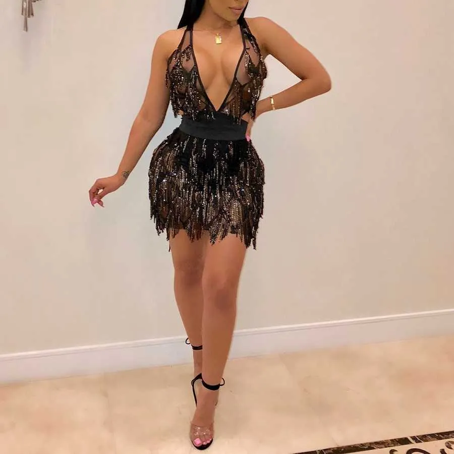 Sexy Strappy Champagne Sequin Fringe Dress Back Cross