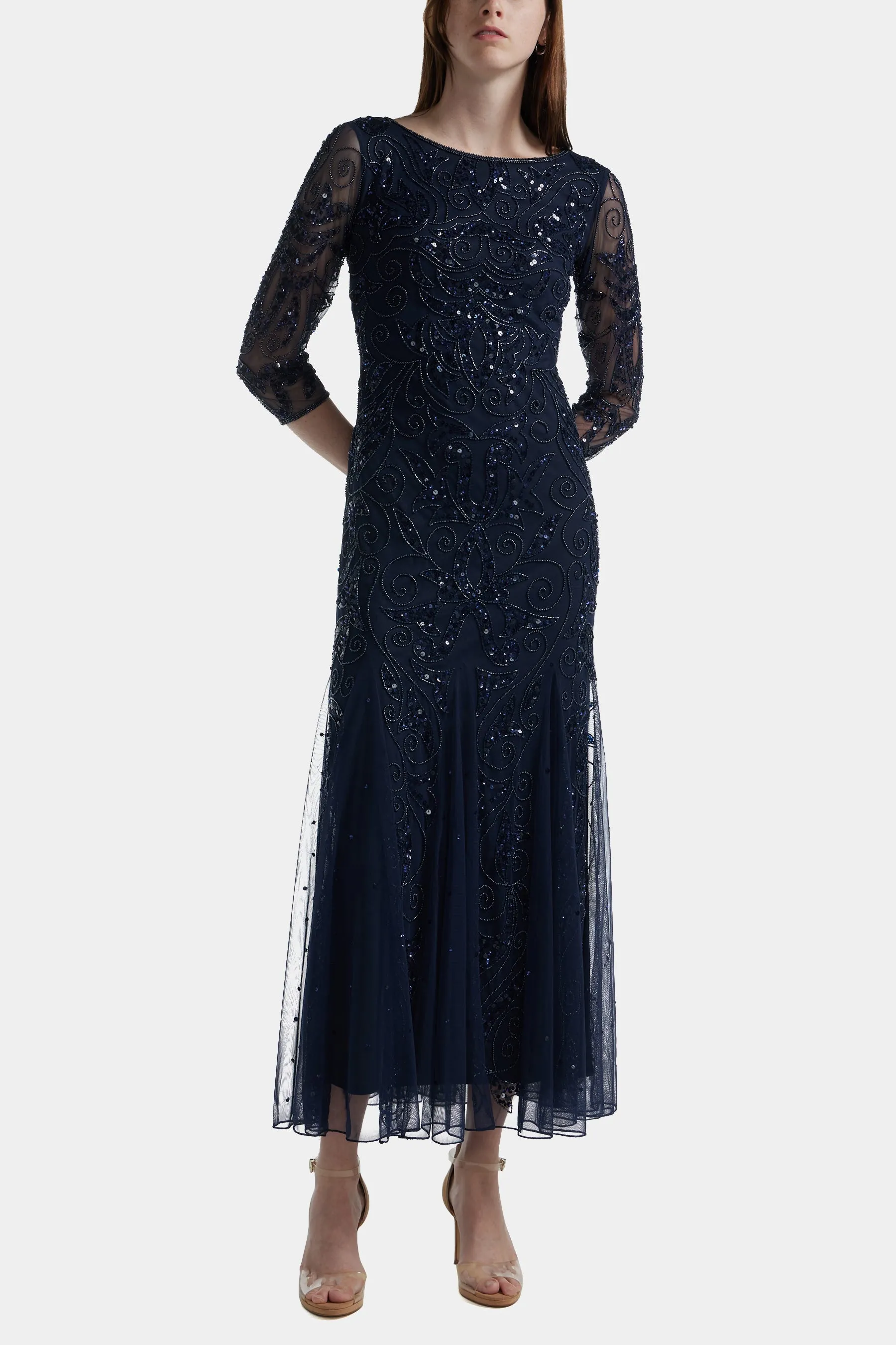 Sheer Sleeve Long Beaded Dress