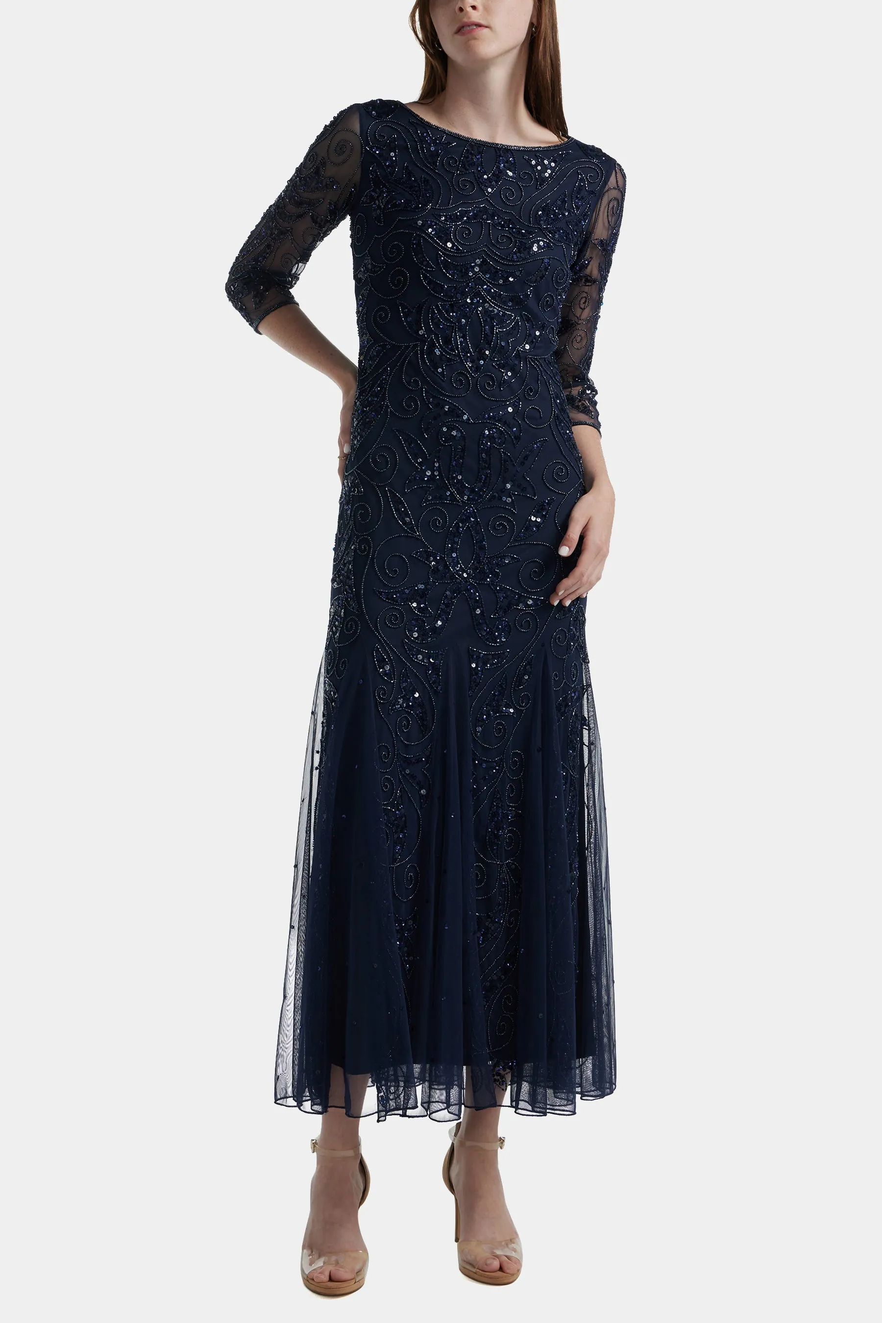 Sheer Sleeve Long Beaded Dress