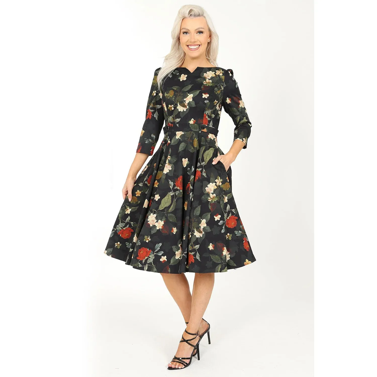 Winter Floral Print 3/4 Sleeve Belted 50s Swing Dress With Pockets